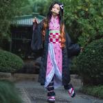 Women Anime Demon Slayer Cosplay Costume Dress Kamado Nezuko Demon Slayer Outfits Cloak Cape with Hairwear (Medium)