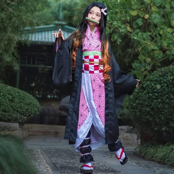 Women Anime Demon Slayer Cosplay Costume Dress Kamado Nezuko Demon Slayer Outfits Cloak Cape with Hairwear (Medium)