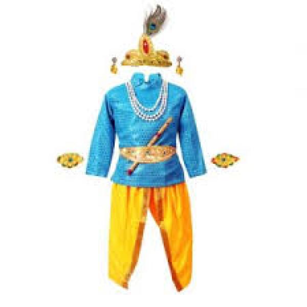 Krishna Dress for Kids Set of 7 Dhoti,Kurta,Mukut,Morpankh,Bansuri,Belt,Motimala